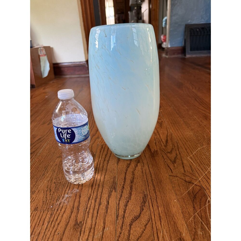 Stunning Light Blue Speckled Large Hand Blown Glass Vase